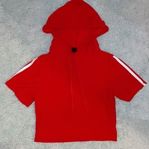 Cropped hooded shirt with stripes down sleeves